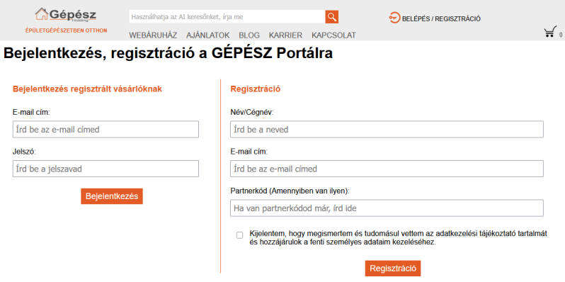Bejelentkezési- és regisztrációs felület