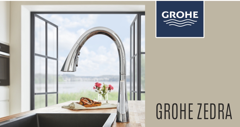 Grohe Zedra mosogató csaptelep kihúzható zuhanyfejjel.